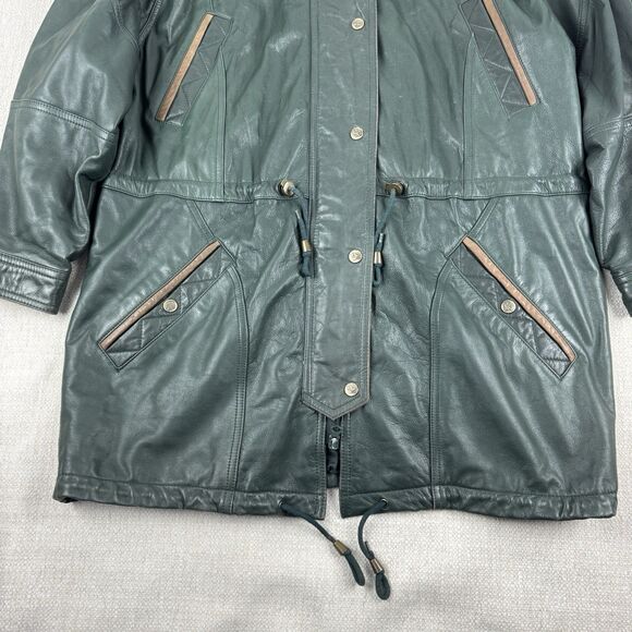 Vintage Verducci Soft Green Leather Jacket Women's 90s Hooded Lined Coat Large - Picture 5 of 16